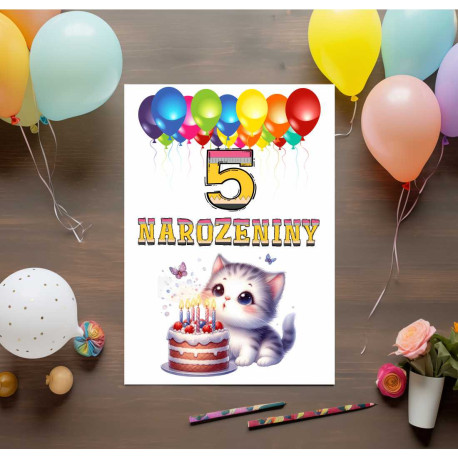 Přání k 5 narozeninám s kočičkou