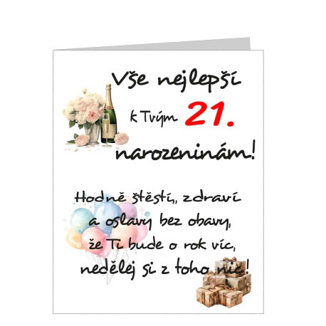 Papírové přání k 21 narozeninám - Hodně štěstí a zdraví pro muže