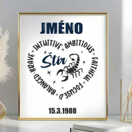 Obraz ze znamením Štír s jménem a datumem narození