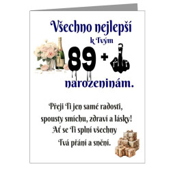 Vtipné přání k 90 narozeninám - Je ti 89 plus prostředníček