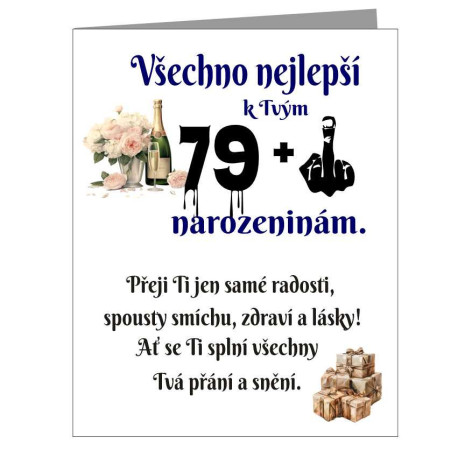 Vtipné přání k 80 narozeninám - Je ti 79 plus prostředníček