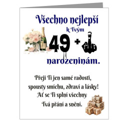 Vtipné přání k 50 narozeninám - Je ti 49 plus prostředníček