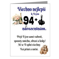 Papírové přání k 95 narozeninám - Je ti 94 plus prostředníček