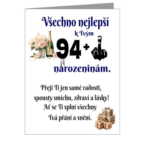 Papírové přání k 95 narozeninám - Je ti 94 plus prostředníček