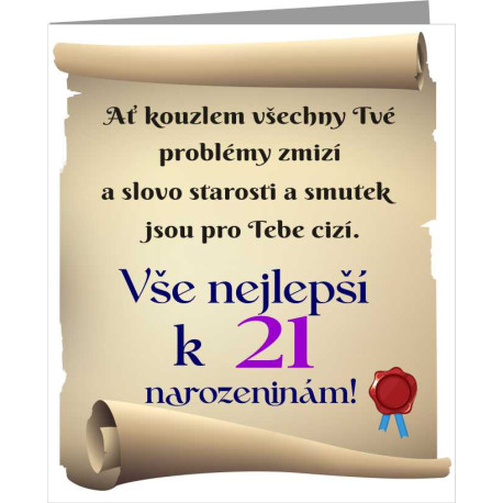 Papírové přání - Vše nejlepší k  21 narozeninám 