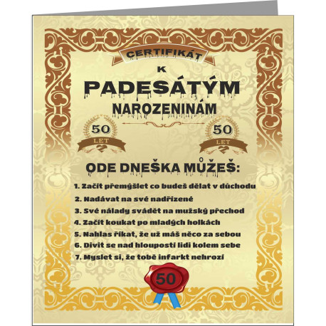 Certifikát k 50 narozeninám s vtipným textem pro muže