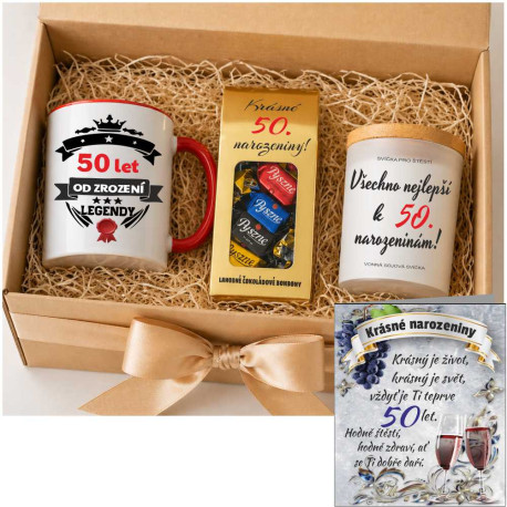 Dárkovy balíček k 50 narozeninám - svíčka, hrnek a bonbony + Dárek