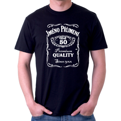Pánské tričko s potiskem jména a příjmení, věkem 50 a rokem narození v motivu Jack Daniel's.
