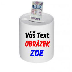 Pokladnička s vlastním potiskem textu obrázku nebo fotkou.